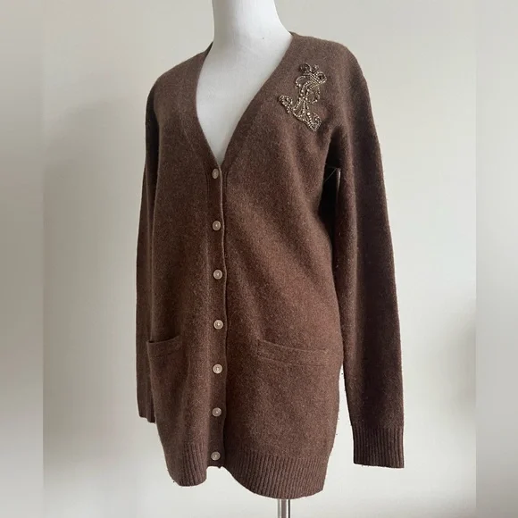 Ralph Lauren Vintage logo Brown Boyfriend fit long cardigan sweater-Small - Picture 2 of 6